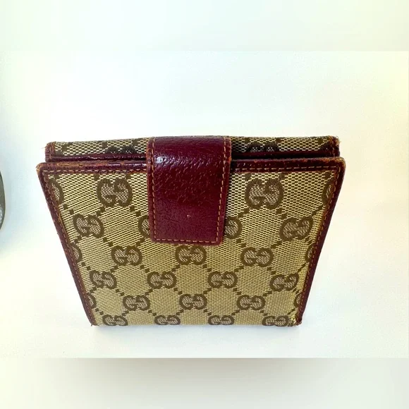 Gucci Wallet GG Supreme Bifold with Oxblood Leather & Logo Bar Plaque Authentic - Picture 2 of 16